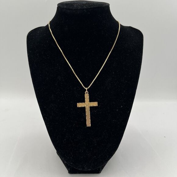 14K Yellow Gold Filled Cross & .925 Sterling Gold Tone Pendant 20” Box Chain - Picture 1 of 6